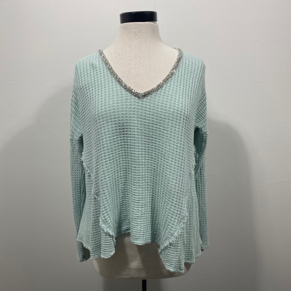 Juicy Couture‎ Y2K Waffle Knit Embellished V Neck Top Long Sleeve Size L